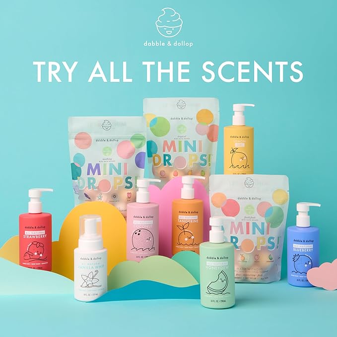 Dabble & Dollop Sweet Treat Mini Bath Bombs & Vanilla Shampoo, Body Wash and Bubble Bath for Kids - All Natural, Resealable Pouch, Foaming Whip, Vegan, Gluten-Free, Cruelty-Free (Pack of 2)
