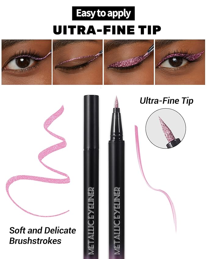 Metallic Pink Glitter Liquid Eyeliner, Diamond Shimmer Waterproof Eyeliner Pen, Sparkle Colored Eyeliner Long-Lasting, Ultra-Fine Tip Smudge-Proof, Quick-Drying, High Pigmented Eye Makeup for Women-01