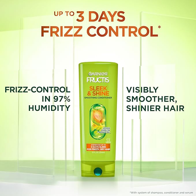 Garnier Fructis Sleek & Shine Conditioner, Smoothing Conditioner for Frizzy, Dry Hair with Argan Oil and Vegan Keratin, 33.8 Fl Oz (Packaging May Vary)