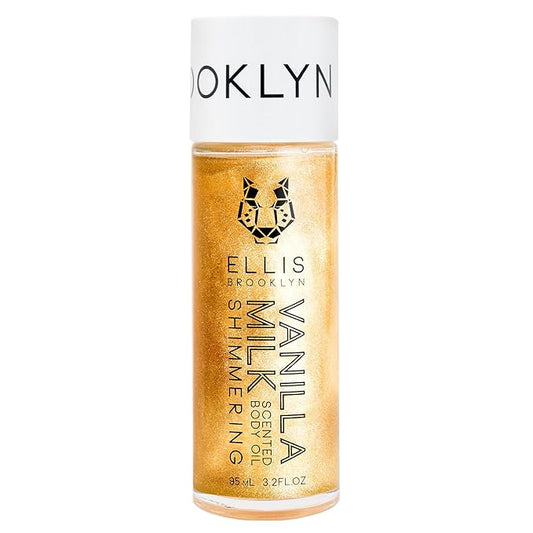 Ellis Brooklyn VANILLA MILK Shimmer Scented Body Oil, Champagne Glow, Moisturizing, Fast-Absorbing, Vegan, Cruelty-Free, Sustainable Ingredients, Made in USA, 95ml/3.2 fl oz