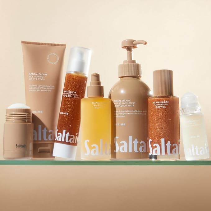 Saltair Body Oil - Luxurious Santal Bloom After Shower and Bath Oil for Women and Men. Botanical, Non-Greasy, Well-Absorbing Moisturizer for Hydrating Dry Skin – 4oz Pump Bottle