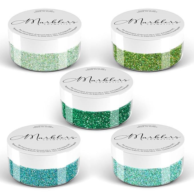 MARBLERS Cosmetic Grade Fine Glitter 5-Pack [Green Grin] 0.90oz (25g) | Non-Toxic | Vegan | Cruelty-Free | Eyeshadow, Nail Polish, Nail Art | Festival, Rave & Party Makeup | Body & Face