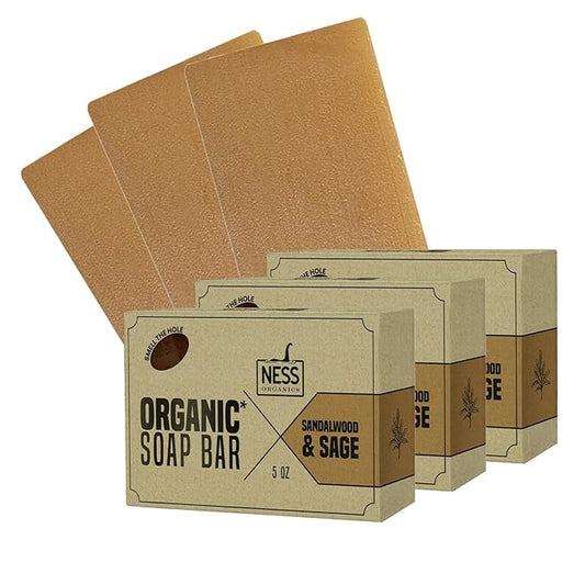 Ness Mens Soap Bar - Sandalwood & Sage Scent - Natural Soap For Men - Mens Bar Soap With Organic Ingredients & Essential Oils - Moisturizing Bar Soap - Handmade In The USA, Cruelty Free, Vegan -3 Pack