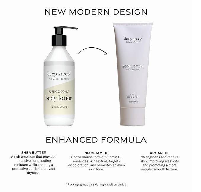 Deep Steep Body Lotion, Pure Coconut, 8 oz – Moisturizer with Coconut Oil, Shea Butter, Argan Oil, Aloe Vera & Niacinamide – Vegan, Clean Beauty, Daily Skin Hydration