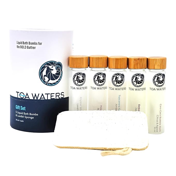 Liquid Bath Bombs and Loofah Sponge Gift Set | Sampler of 5 Luxurious Scents | Organic | Vegan | Handmade | Holiday | Christmas | Birthday | For Him and Her