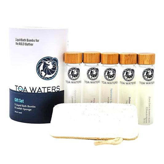 Liquid Bath Bombs and Loofah Sponge Gift Set | Sampler of 5 Luxurious Scents | Organic | Vegan | Handmade | Holiday | Christmas | Birthday | For Him and Her