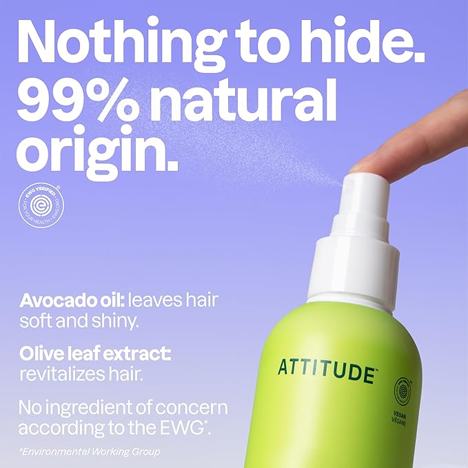 ATTITUDE Detangling Spray, EWG Verified, Vegan & Plant-Based Hair Care, Leave-In for Smooth & Manageable Hair, Pear & Amber Scent, 8 Fl Oz