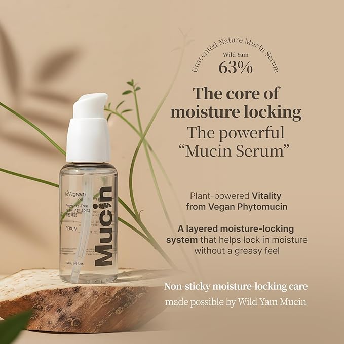 VEGREEN Vegan Nature Mucin Serum with 63% Wild Yam Phyto Mucin - Hydrating Glass Skin Serum for Face, Korean Skincare for Barrier Repair, Soothing & Radiance Boost, Cruelty-Free, 1.69 fl oz
