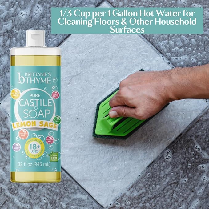 Brittanie’s Pure Castile Liquid Soap Refill, Lemon Sage, 32 Ounce Pack of 2 | Dish Soap, Hair & Body, Home, Gentle and Pure, Made with Natural Luxurious Oils, Vegan & Gluten Free Non-GMO