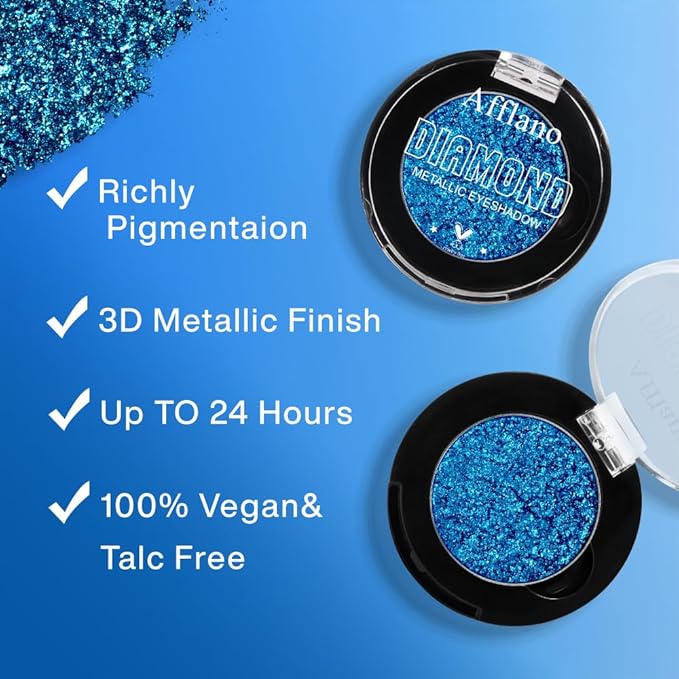 Blue Metallic Eyeshadow Single, Highly Pigmented Fine Pressed Glitter Diamond Eyeshadow with Shimmer finish, Long Lasting Blendable Bright Sparkle Eye Shadow for Blue Eyes/Eyeliner, Waterproof Vegan