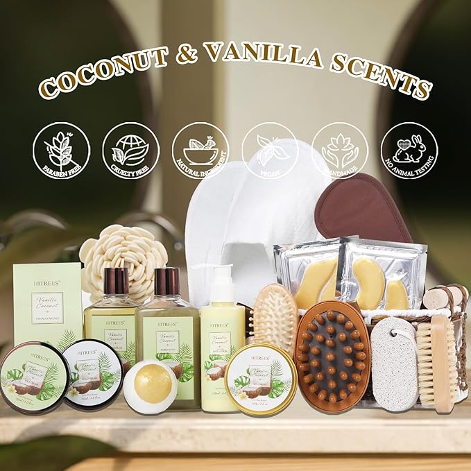 20Pcs Coconut Vanilla Spa Gift Basket for Women & Men, Face Skin Care Set, Bath & Body Set, Self Care Pamper Kit, Comb, Bath Bomb, Birthday, Christmas, Valentines, Mother Day, Anniversary