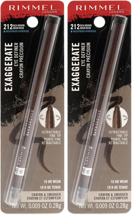 Rimmel London Exaggerate Waterproof Eye Definer Eyeliner,Highly Pigmented,Long-Wearing,Built-In Smudger,212,Rich Brown,0.01oz,(Pack of 2)
