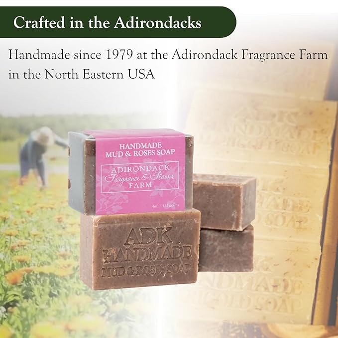 Adirondack Fragrance & Flavor Farm ADK Natural Mud & Rose Soap Bar 4 oz., Handmade Vegan Olive Oil Body Soap for Dry and Sensitive Skin, Moisturising for Men, Women & Babies, Produced in the USA