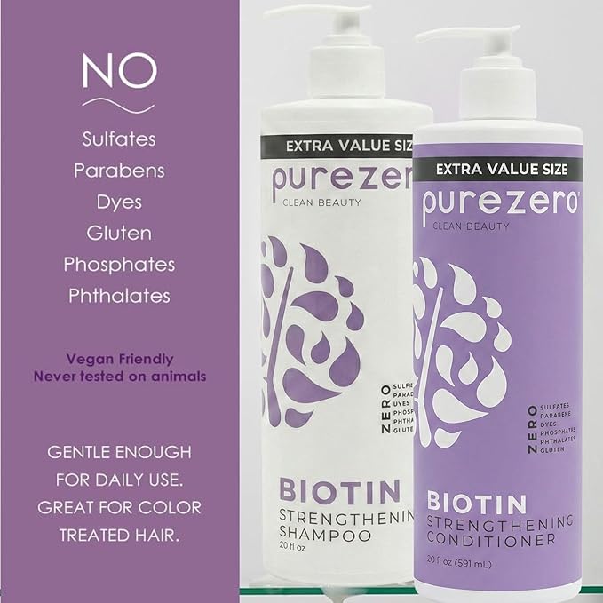 Purezero Biotin Shampoo & Conditioner Set - Anti Thinning Formula - Volumizing, Thicker, Fuller Hair - Zero Sulfates, Parabens, Dyes, Gluten - 100% Vegan & Cruelty Free (20 Fl Oz (Pack of 2))