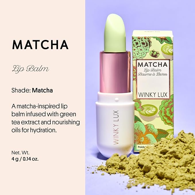 Winky Lux Matcha Lip Balm, Ultra-Moisturizing Clear Lip Treatment with Green Tea Extract, Caffeine, Avocado & Coconut Oils and Vitamin E, Clean Beauty, Cruelty-Free, Vegan, Vanilla–Green Tea Scent