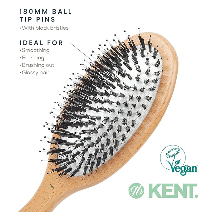 Kent V01 Vegan Boar Bristle Hair Brush with Nylon Pins, Organic Hair Brush for Styling and Detangling, Paddle Brush Ideal for All Hair Types (Large)