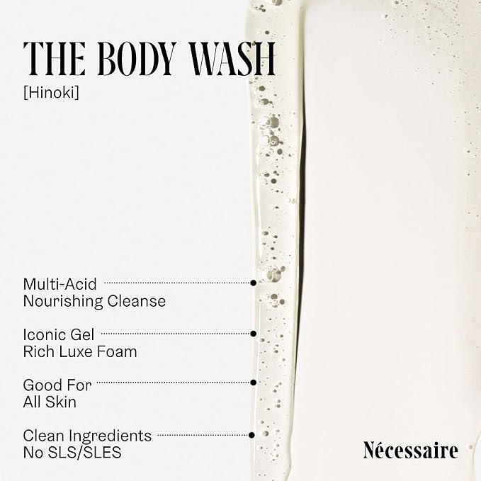 Nécessaire The Body Wash Hinoki - Natural Body Wash for Women & Men, Softening Shower Gel with Gentle Exfoliating Acids AHA/BHA/PHA. Gel Cleanse, 3.4 fl oz.