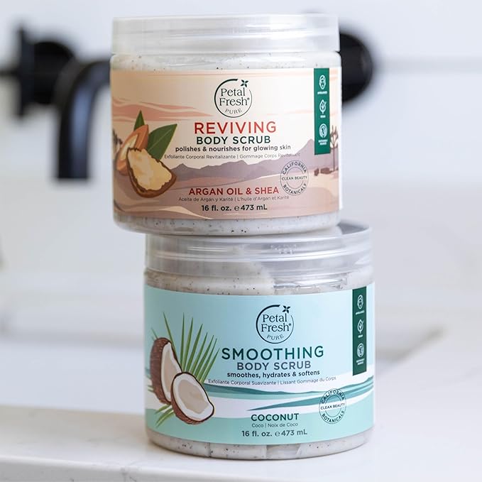 Petal Fresh Argan Oil & Shea Body Scrub, Pure Reviving, Natural, Gently Exfoliating, Daily Skincare, Vegan and Cruelty Free,16 oz