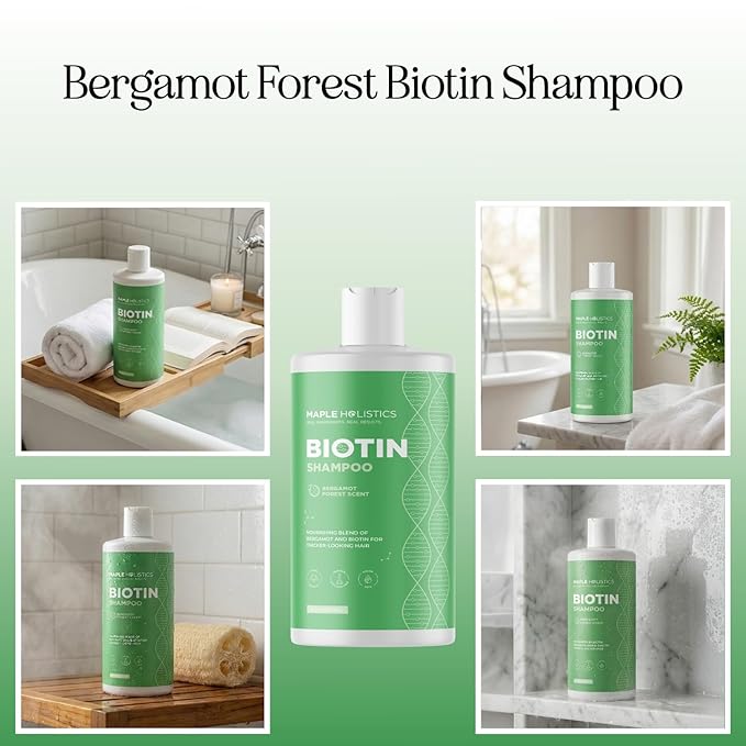 Woodsy Biotin Shampoo for Thinning Hair - Volumizing Shampoo for Fine Hair with B Vitamins Rosemary Bergamot Spruce & Tea Tree Oils - Paraben Silicone and Sulfate Free Vegan Formula (16 Fl Oz)