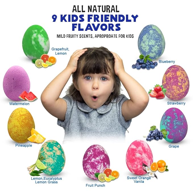 Bath Bombs for Kids with Surprise Toys Inside Plus Dinosaur Puzzle, Set of 9 Organic Dino Egg Bath Bombs, Gentle and Kids Safe, Fizzy Balls with Rich Bubbles, Easter Basket Essentials for Boys, Girls