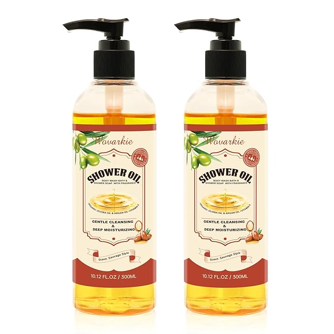 2 Pack Shower Oil with Organic Argan - Moisturizing Body Wash for Women, Natural & Vegan, for Sensitive Skin - Deep Hydration & Silky Smooth Feel (Sauvage Style)