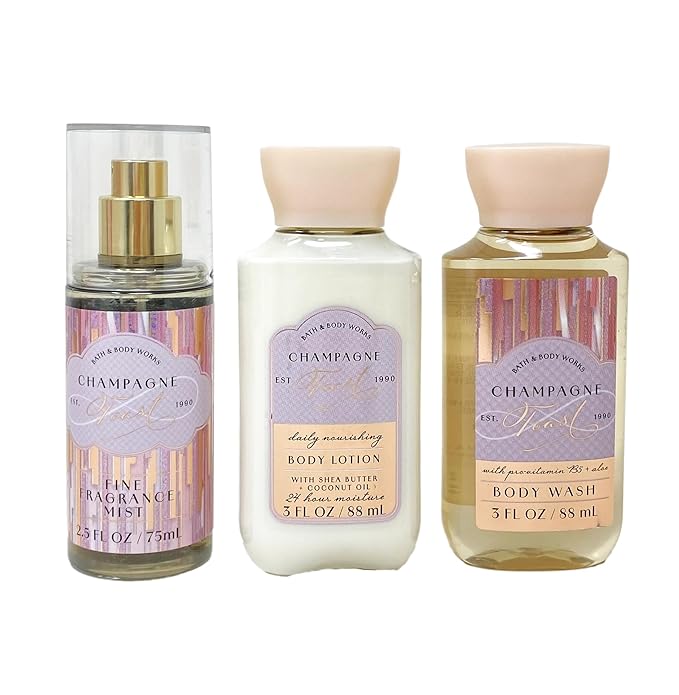 Bath & Body Works Champagne Toast Mini Gift Box Trio - Fragrance Mist - Body Cream and Body Wash with a Himalayan Salts Springs Sample Soap - Travel Size