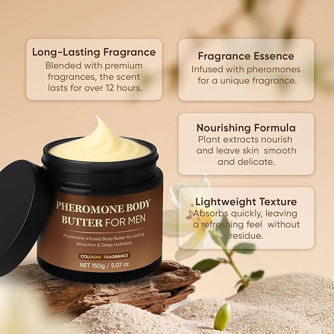 Pheromone Body Butter, Cologne Body Cream for Men with Shea & Cocoa Butter, Coconut Oil,Non-Greasy, Alcohol-Free, Vegan, Moisturizing Formula with Long-Lasting Fragrance | 5oz