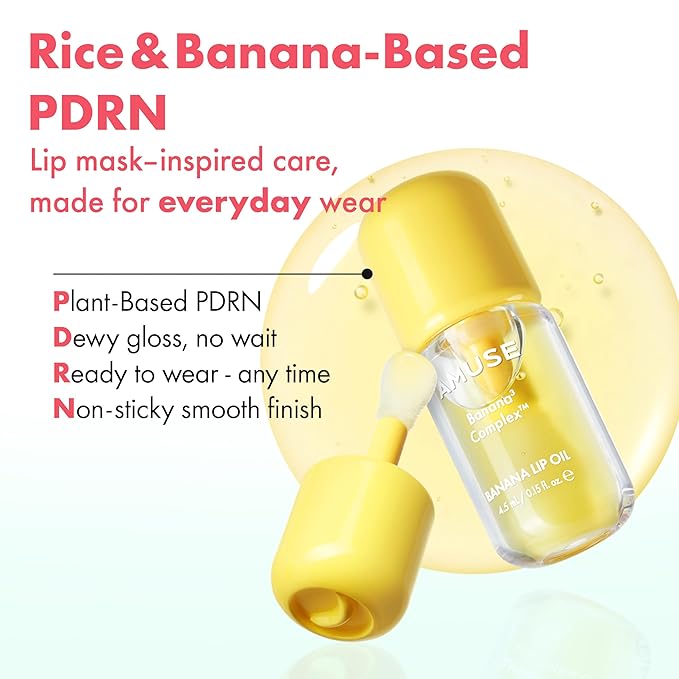 Amuse Seoul Banana Lip Oil (Cacao Milk) – Skincare-Infused Hydrating Vegan Lip Oil, Banana-Scented, Lightweight Non-Sticky Glossy Finish, with Peptide & Rice-Based PDRN
