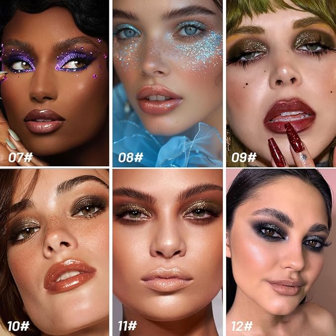 SUAKE Liquid Sparkling Glitter Eyeshadow Stick Pack - High Pigment Shimmer Metallic Eye Shadow, Long-Lasting, White Blue Black Gold Purple Bold Colors,Quicking-Dry (7#-12#, Pack of 6)
