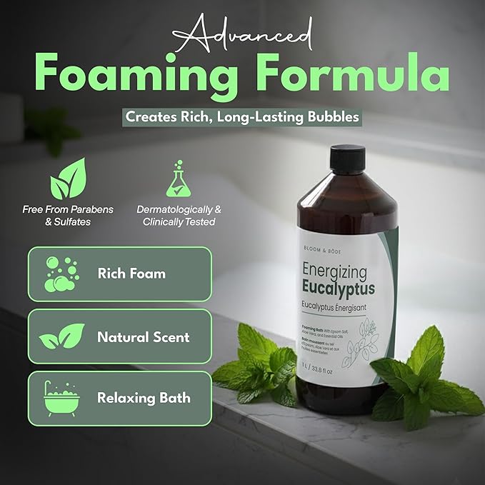 Luxury Foaming Bath - Natural Scented Bubble Bath with Essential Oils and Epsom Salt - Energizing Eucalyptus Scent, 33.8 fl oz / 1L