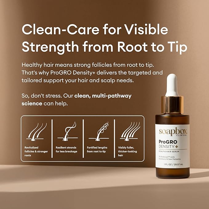 Soapbox ProGRO Density+ Hair Thickening Serum | Lightweight Scalp Serum for Thinning Hair | Supports Fuller-Looking, Stronger Hair, Clean Vegan Formula | 1 Month Supply, 1 oz