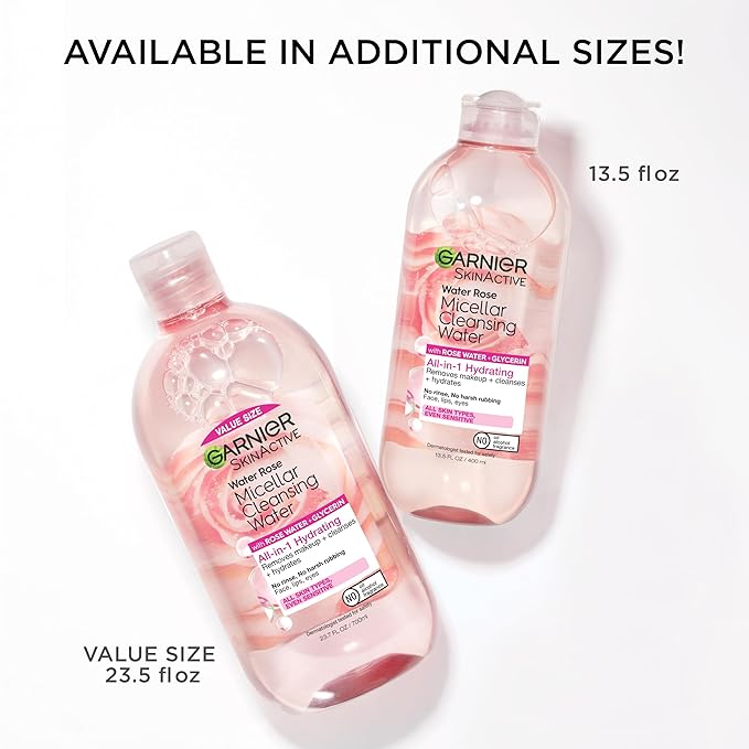 Garnier Micellar Water with Rose Water and Glycerin, Hydrating Facial Cleanser & Makeup Remover, For All Skin Types, Vegan, Cruelty Free, 13.5 Fl Oz (400mL), 1 Count