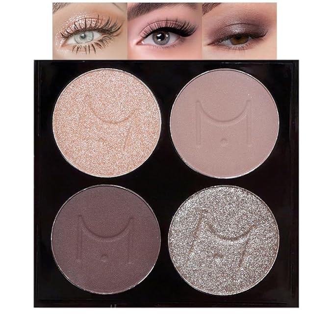Nude Eyeshadow Quad Palette, Champagne Dusty Pink Plum Mauve Taupe Glitter Metallic Shimmer Matte High Pigment Mini Eyeshadow Eye Shadow Palette Makeup for older Women, Travel Size Built in Mirror