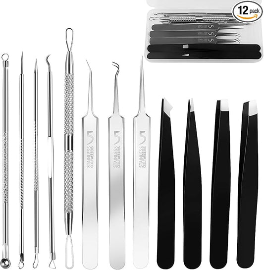 Blackhead Remover Tools, 8 Pack Pimple Popper Tool Kit, 4 Pack Tweezers Set, Quickly and Easily Removes Acne and Blackheads, Precision Eyebrow Tweezers for Facial Hair