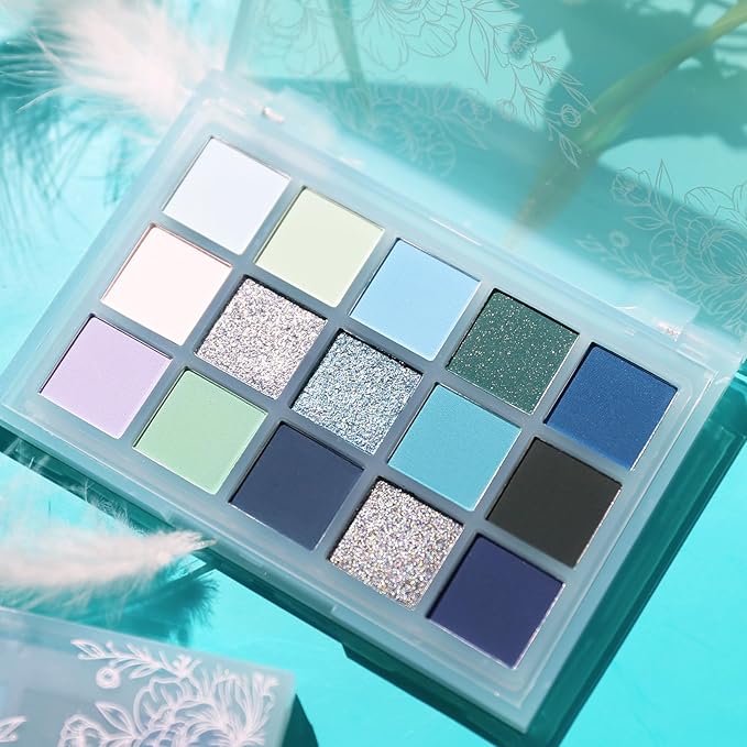 UCANBE 15 Color Eyeshadow Palette – Shimmer Matte Glitter Metallic Cool Tones Shades in White, Blue, Green, Mint, Teal, Navy – High Pigmented Blendable Eye Makeup Palette Kit