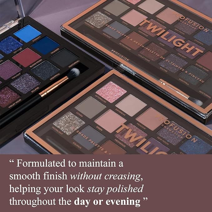 Profusion Cosmetics Twilight 21-Shade Eyeshadow Palette with Brush – Blendable Matte, Metallic & Mousse Finishes, Rich Pigments Infused with Vitamin A and E, Vegan & Cruelty-Free Makeup