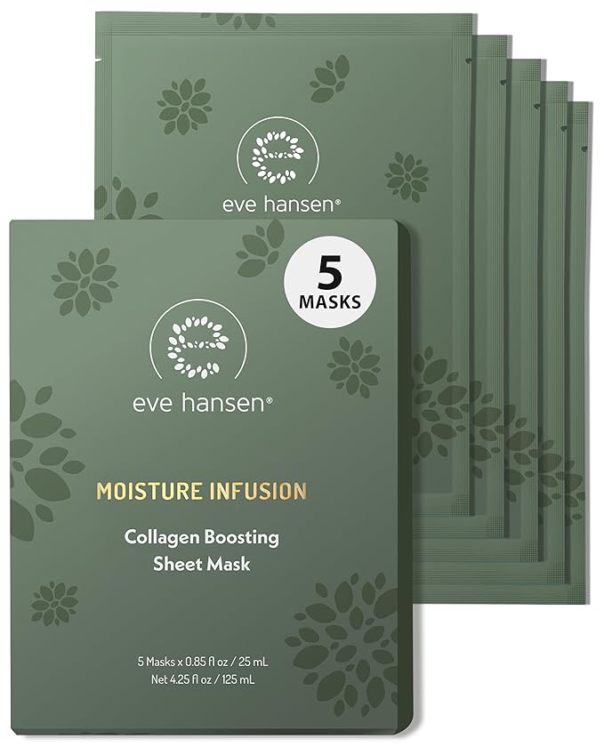 Eve Hansen Collagen Sheet Mask (5 Pack) – Hydrating Face Masks Skincare with Hyaluronic Acid – Plumping Firming Facial Sheet Mask for Mature & Dry Skin – Vegan