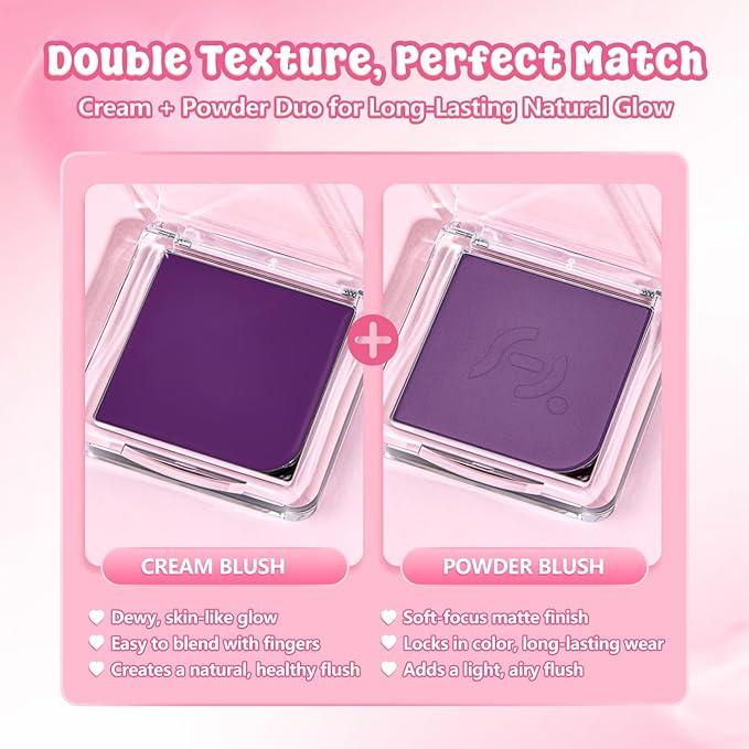 2-Pack Cream Powder Blush Duo For Medium to Deep Skin Tones, Same-Shade Cool Violet, Lasting, Buildable, Vibrant & Natural-Looking Cheek Color Dewy Cream Soft-Matte Powder Finish (Violet Veil)