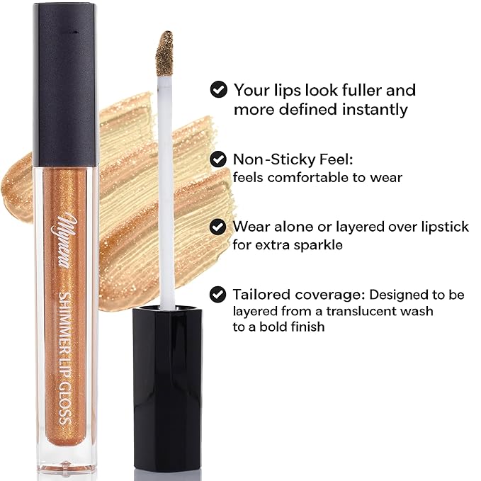 Mynena Translucent Champagne Gold Shimmer Lip Top Gloss Clear Filled with Yellow Iridescent Sparkles | Lightweight Topper | Paraben-Free | Demi-Sheer Lipgloss from Cosplay to Everyday Glam | Goldie