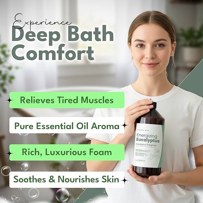 Luxury Foaming Bath - Natural Scented Bubble Bath with Essential Oils and Epsom Salt - Energizing Eucalyptus Scent, 33.8 fl oz / 1L