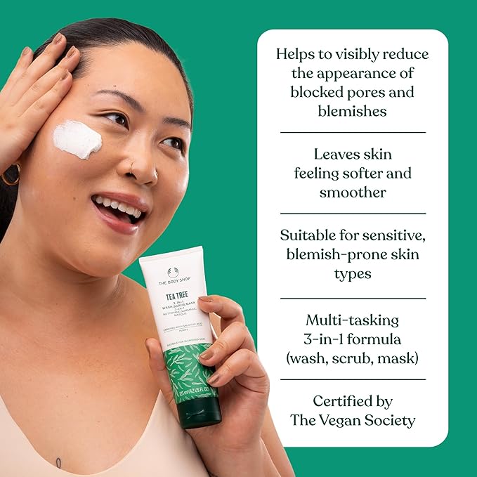 The Body Shop Tea Tree 3 in 1 Wash Scrub & Mask – Purifying Vegan Skincare For Oily, Blemished Skin – 4.2 oz