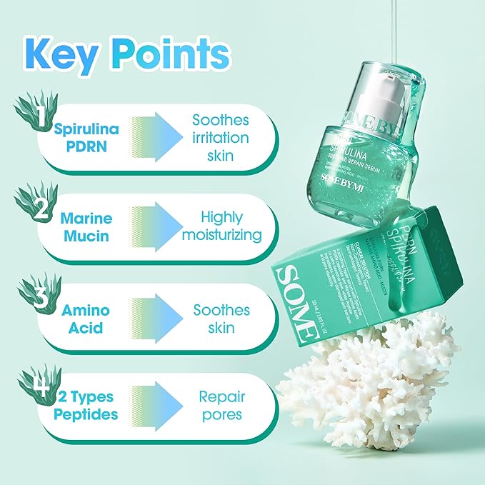 SOME BY MI PDRN Spirulina Soothing Repair Serum – 1.69oz, 50ml – Korean Vegan PDRN Serum for Face – Calms Redness, Firms & Hydrates Skin with Spirulina, Peptides & Marine Mucin – Korean Skin Care