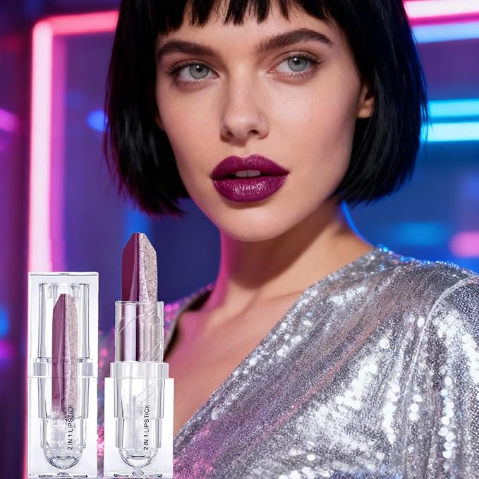 2 in 1 Purple Lipstick Glitter Silver Lipstick Dual Sided, Lip stick for Women, One Stroke Two-Tone High Pigment Longlasting Waterproof Non-Stick Glitter Lipsticks for Christmas Cosplay (#04)