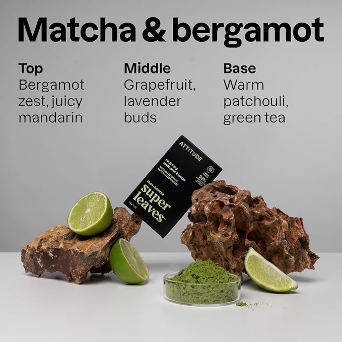 ATTITUDE Bar Soap Body Wash for Men, For Body and Hands, 99% Natural Origin Ingredients with Avocado Oil, EWG Verified, Matcha & Bergamot, 4 Oz