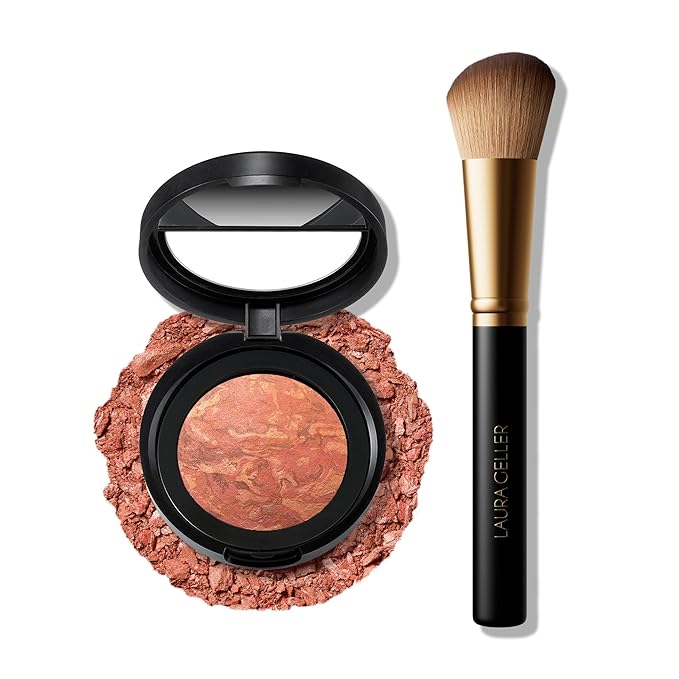 LAURA GELLER Blush-n-Brighten 2-in-1 Marbleized Blush in Coral Cove with Angled Brush – Ultra-Soft Vegan Bristles