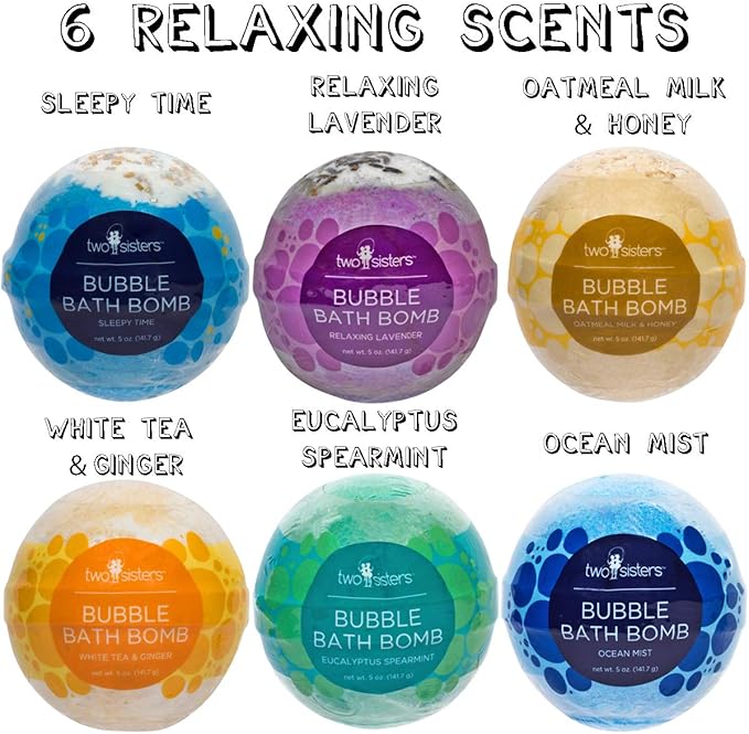 Two Sisters Relaxing Bath Bombs for Women, Girls, Teens & Kids (6 Pack) - Natural Bubble Bomb, Moisturizes Dry Skin, Aromatic Scents, USA Made - Christmas Stocking Stuffers for Women by Two Sisters
