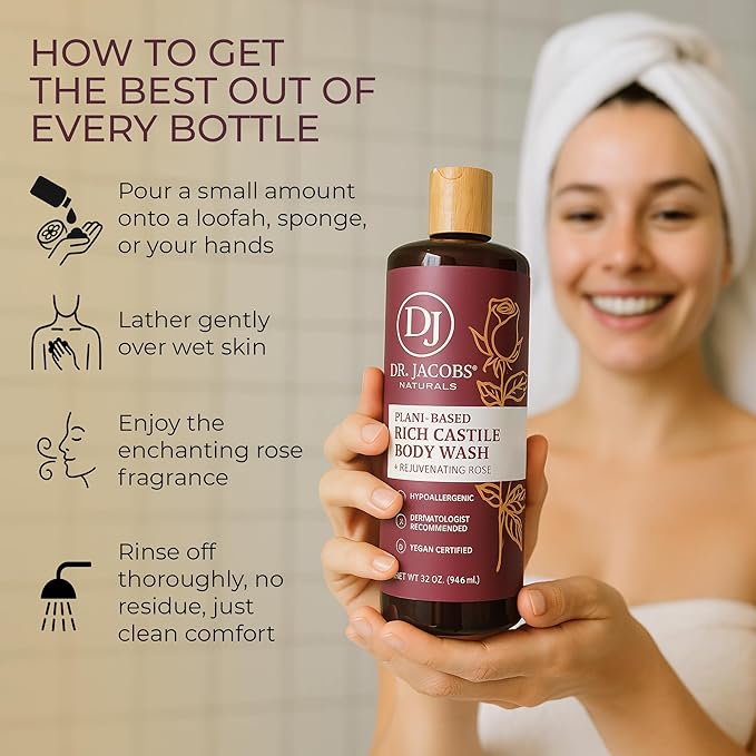 Dr. Jacobs Naturals Pure Castile Soap Liquid Body Wash, Rose - Plant Based Body Soap Infused with Vitamin E and Aloe Vera to Moisturize Dry and Sensitive Skin - Made in The USA - 32 oz, Pack of 2