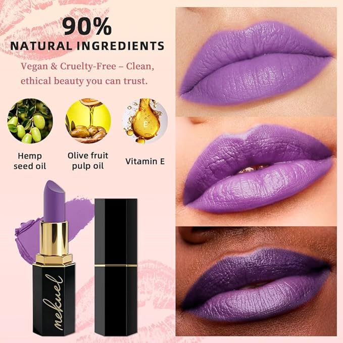Violet Velvety Matte Lipstick for Women, Creamy Lipstick Long Lasting Waterproof, Women Gift Lipsticks, Longwear Lip Stick Makeup Smudge Proof, Rich Color Lipsticks Vegan & Cruelty Free