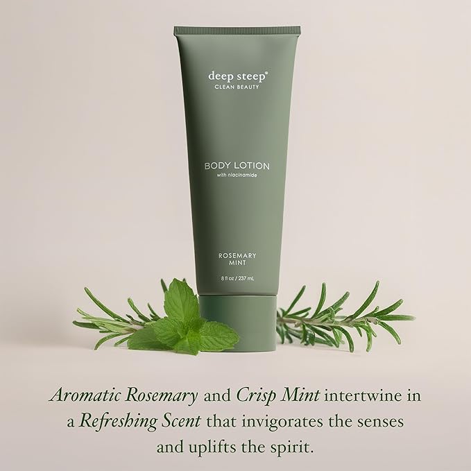 Deep Steep Body Lotion, Rosemary Mint, 8 oz – Moisturizer with Coconut Oil, Shea Butter, Argan Oil, Aloe Vera & Niacinamide – Vegan, Clean Beauty, Daily Skin Hydration