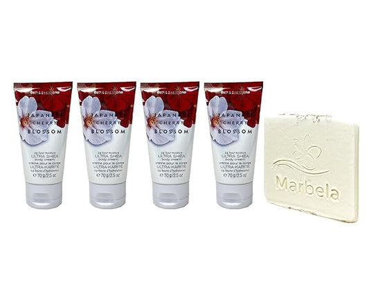 Bath & Body Works Japanese Cherry Blossom 4 Piece Mini Body Cream Bundle with a Natural Oats Sample Soap - Travel Size